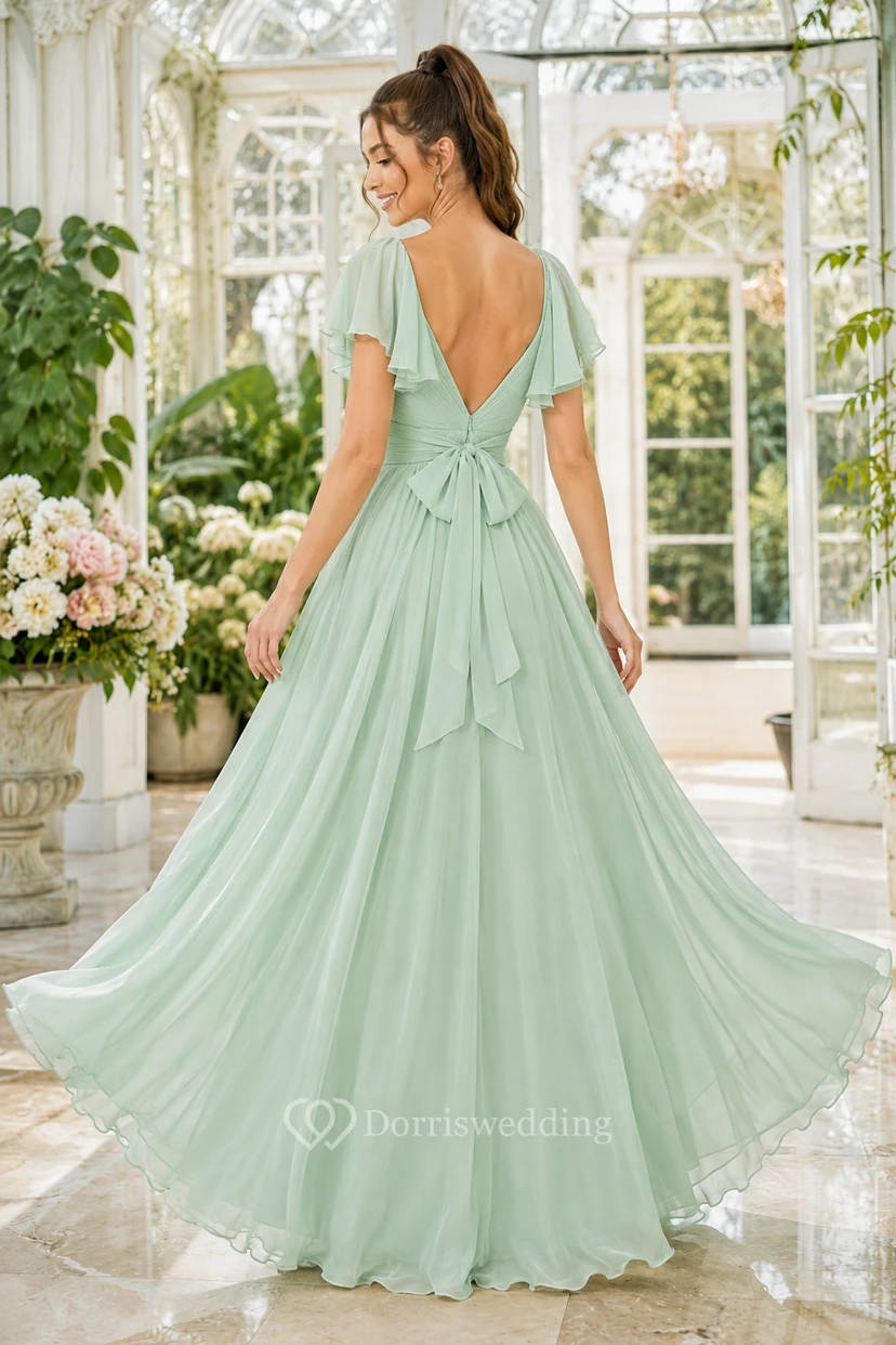 Mint Green Chiffon A-Line Bridesmaid Dress with V-Neck, Flutter Sleeves and Bow Back view 2