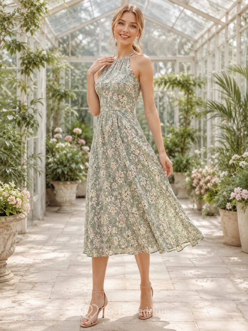 Robe romantique sans manches à bretelles fleuries céladon, coupe trapèze, longueur thé