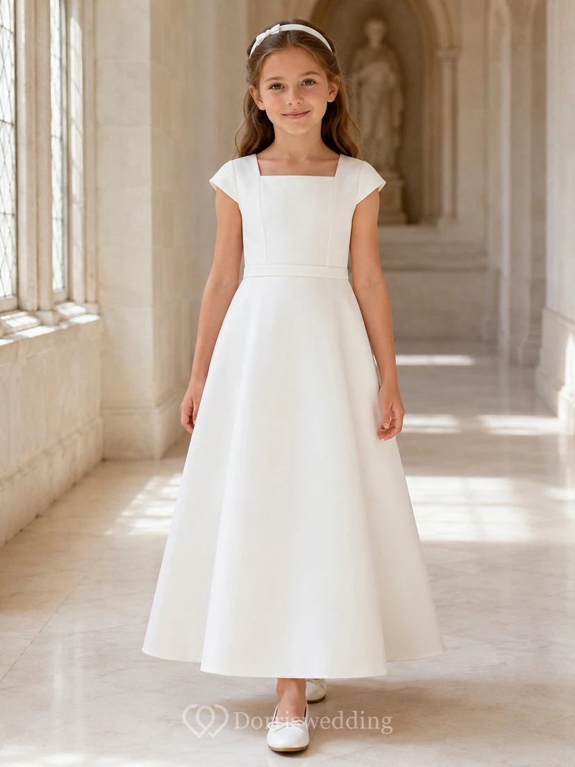 Satin-Abendkleid mit kurzen Ärmeln, knöchellang, für Blumenmädchen, Kommunionkleid