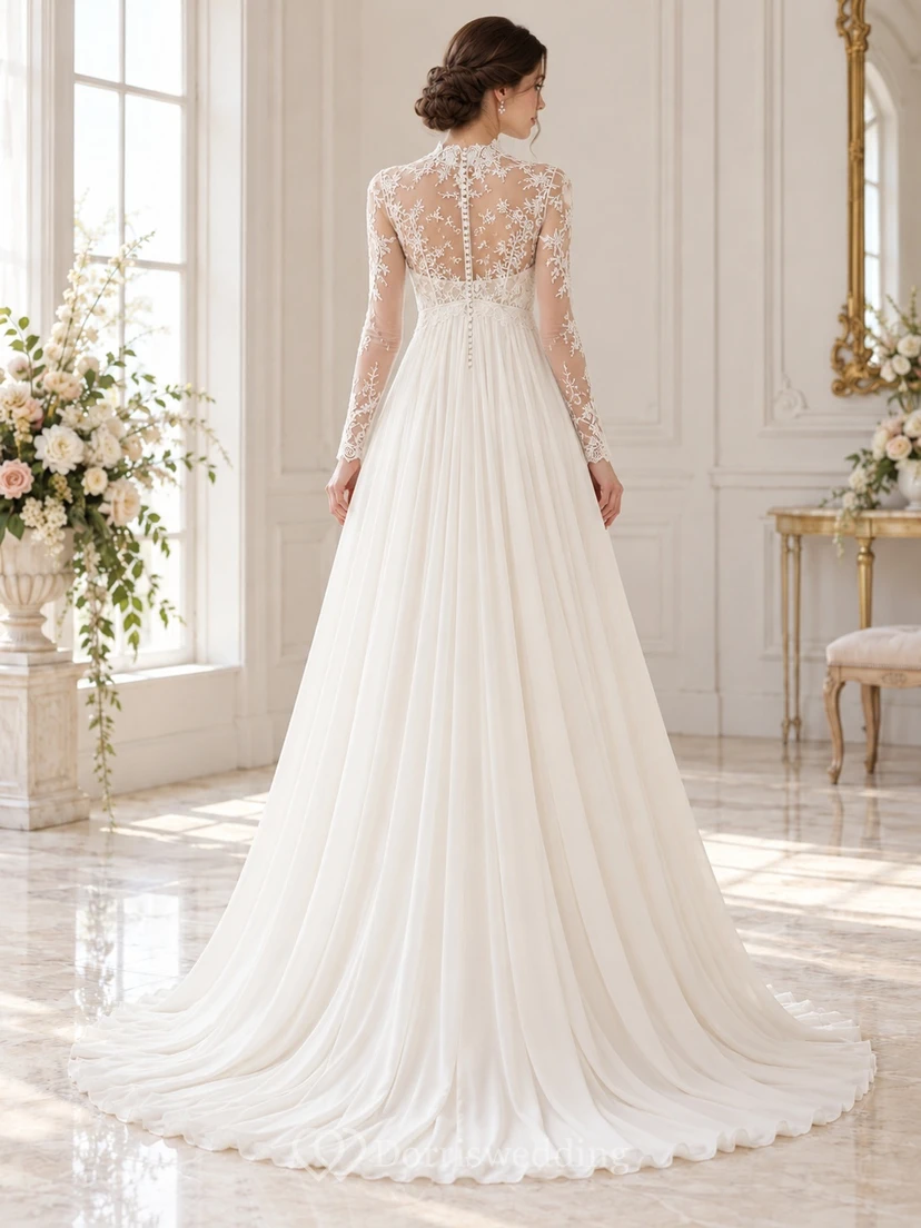 Modest High Neck Long Sleeve Lace Chiffon Empire Wedding Dress view 2