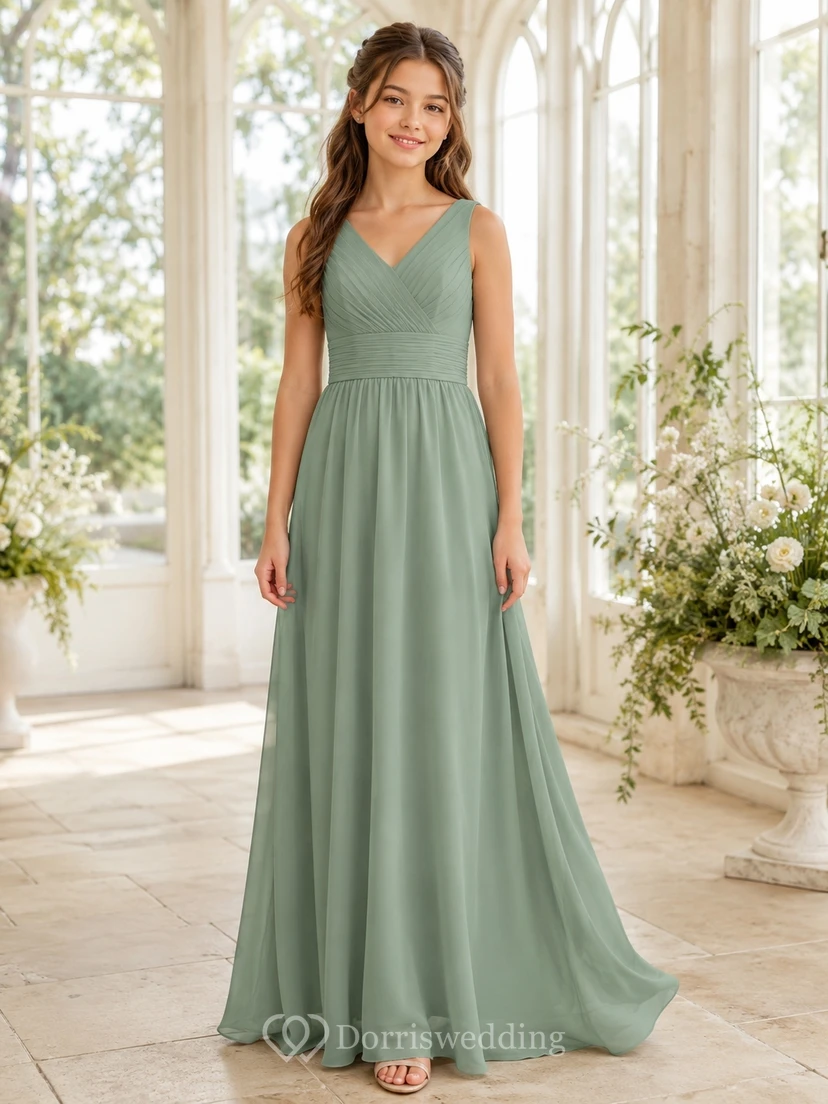 Vestido de dama de honor juvenil verde celadón, corte en A, escote en V, sin mangas, sencillo y formal