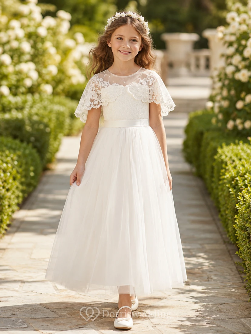 Vestido formal de comunión para niña de las flores, con capa corta de tul y encaje blanco.