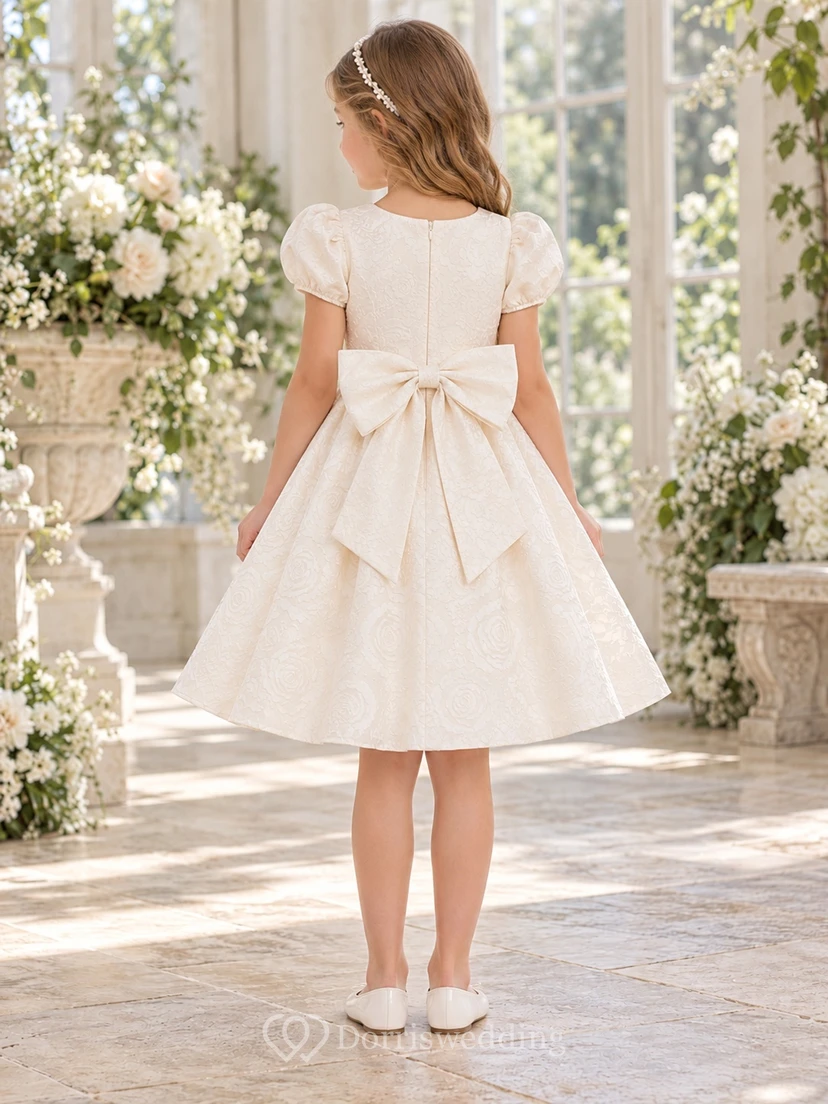Ivory Jewel Neck Puff Sleeve Jacquard Bow Flower Girl Dress view 2