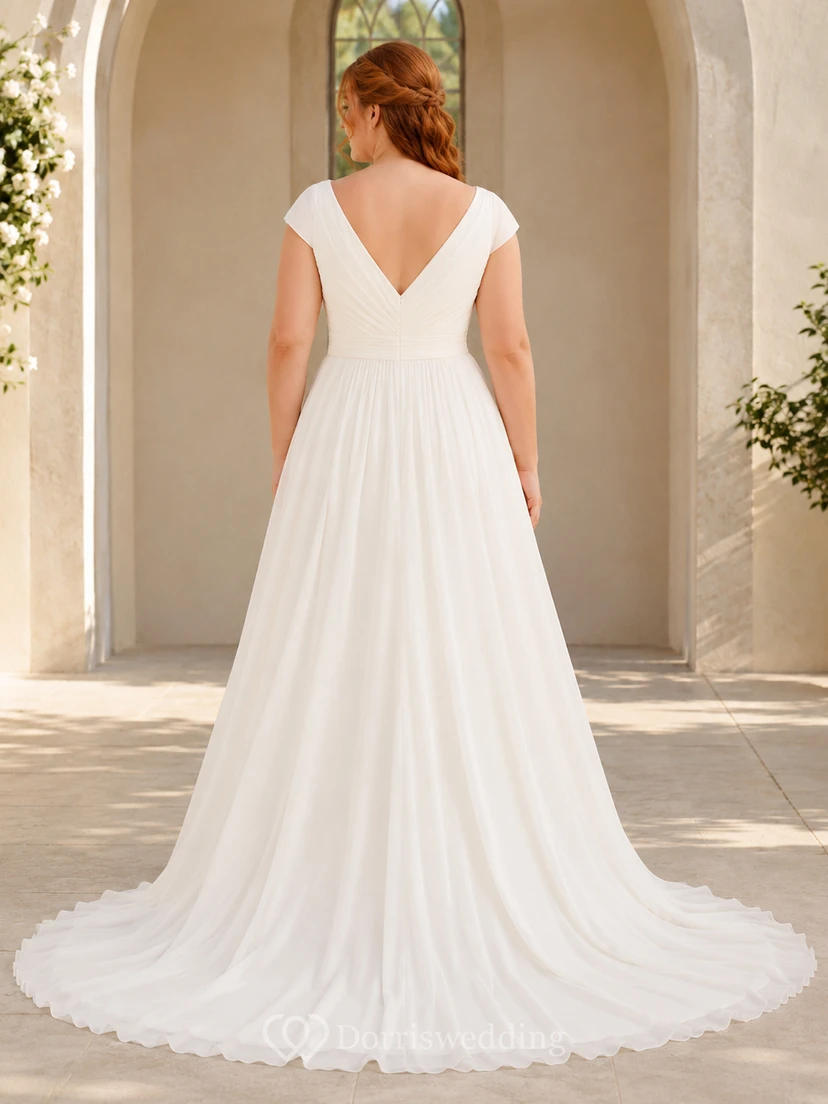 Lace Tulle Wedding Dress A-Line V-Neck Sleeveless Chapel Train Bridal Gown view 2