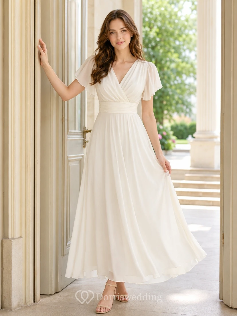 White V-Neck Short Sleeve Chiffon Tea-Length A-Line Dress