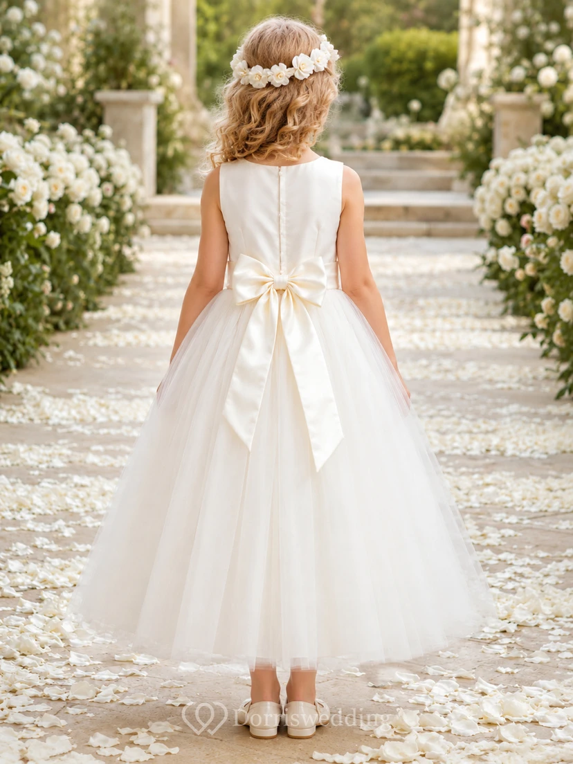 Blumenmädchenkleid aus elfenbeinfarbenem Tüll, A-Linie, Rundhalsausschnitt, knöchellang, mit Schärpendetails view 2