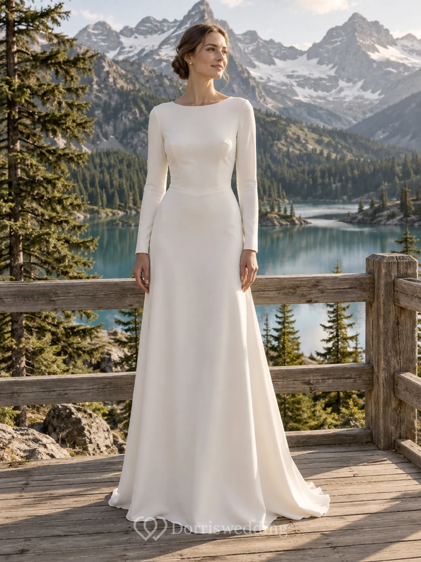 Langärmeliges Brautkleid mit U-Boot-Ausschnitt aus Crêpe de Chine in Etui-Silhouette