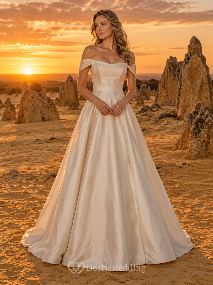 Schlichtes schulterfreies Brautkleid aus Satin in A-Linie, bodenlang