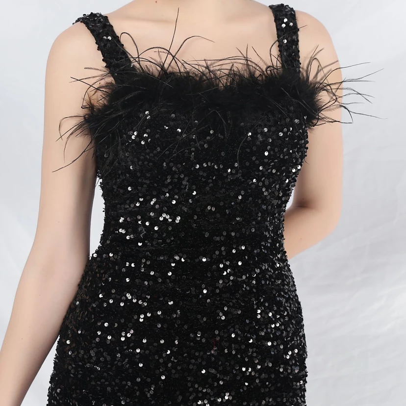 Craft Ostrich Feather Velvet Sequined Evening Dress view 45