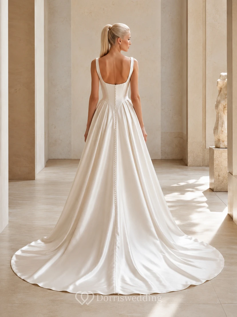Robe de mariée élégante en satin, col carré, sans manches, traîne chapelle, dos nu drapé, col rond et sans manches. view 2