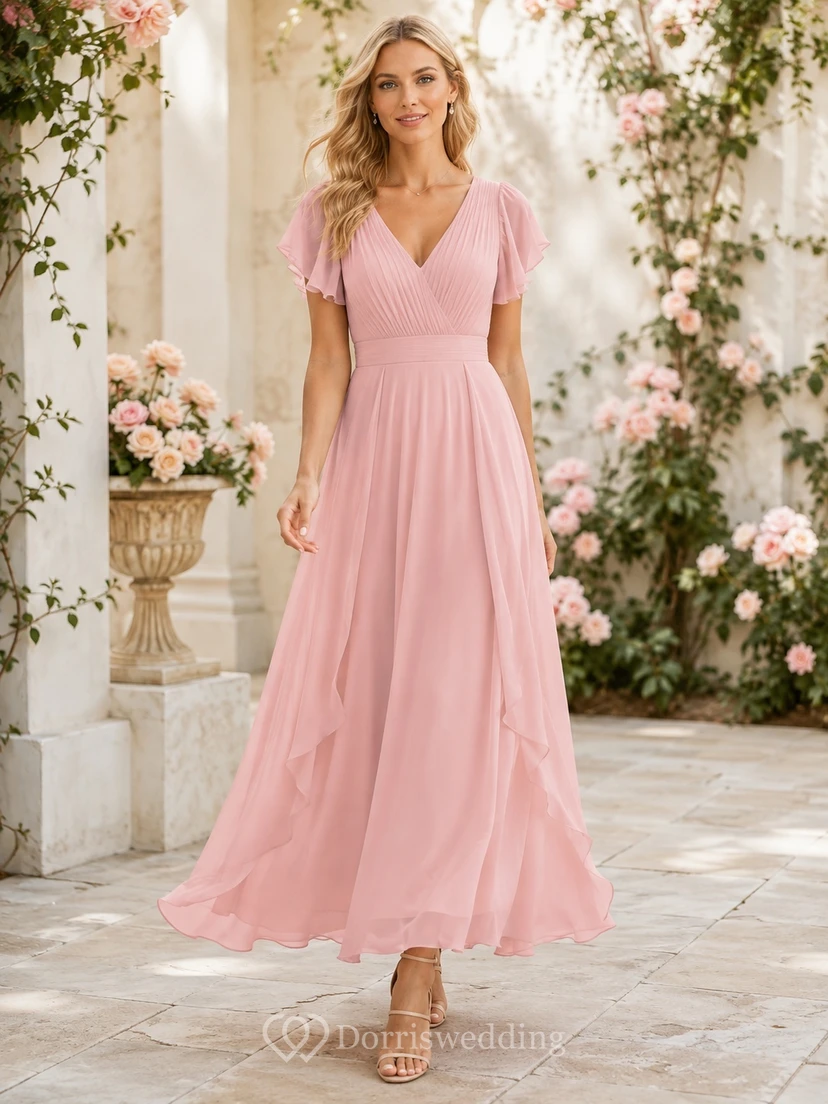 Pink Chiffon V-neck Petal Sleeve A-Line Floor-length Ruched Romantic Bridesmaid Garden Dress