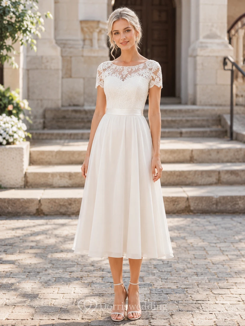 Robe Firmung ivoire en mousseline de soie à manches courtes et dentelle bateau, coupe trapèze, longueur thé, style modeste
