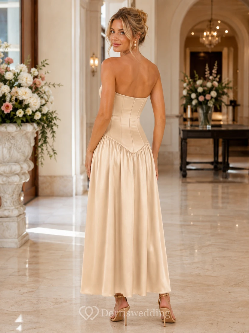 Champagne Strapless Corset Drop Waist Satin Midi Guest Dress view 2