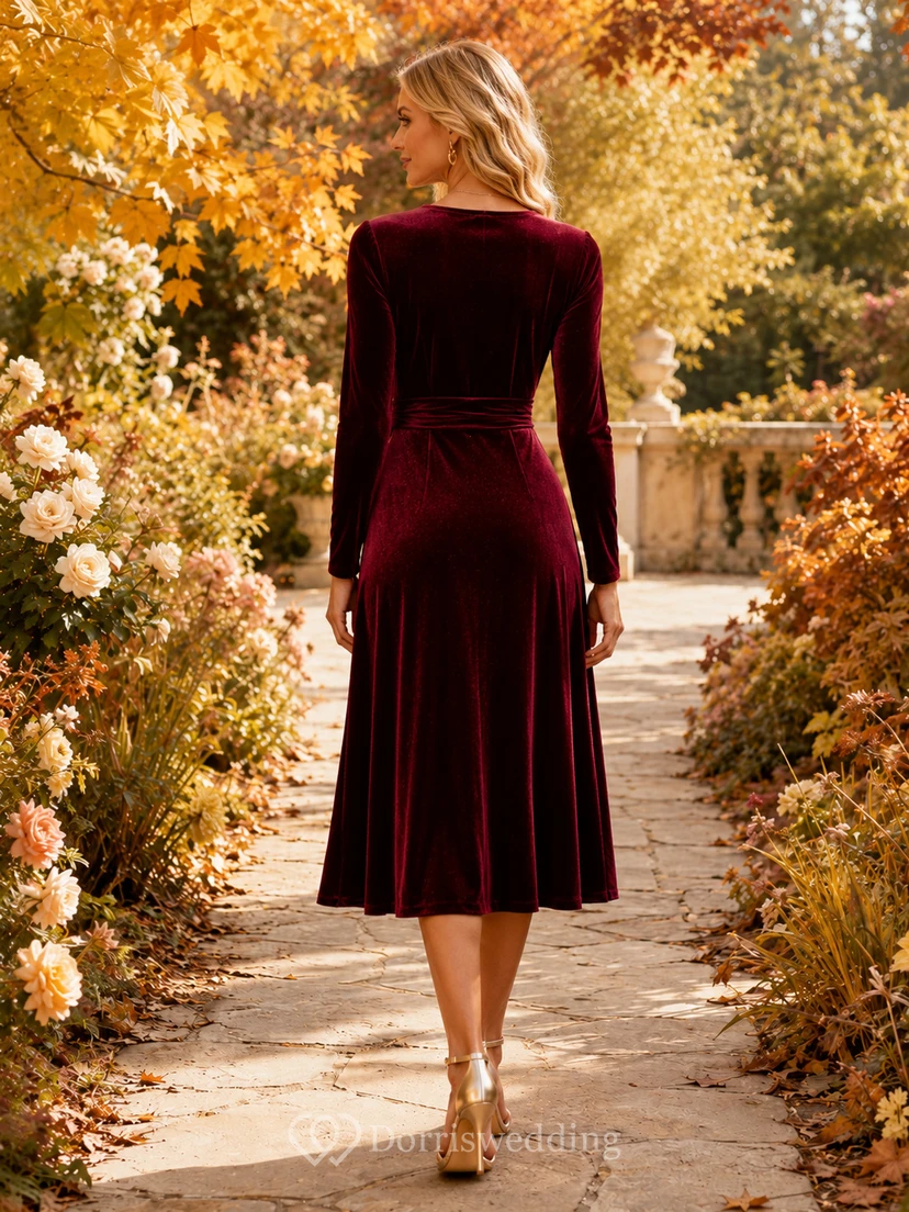 Burgunderfarbenes Samtkleid mit V-Ausschnitt und langen Ärmeln – Festliches Midikleid view 2