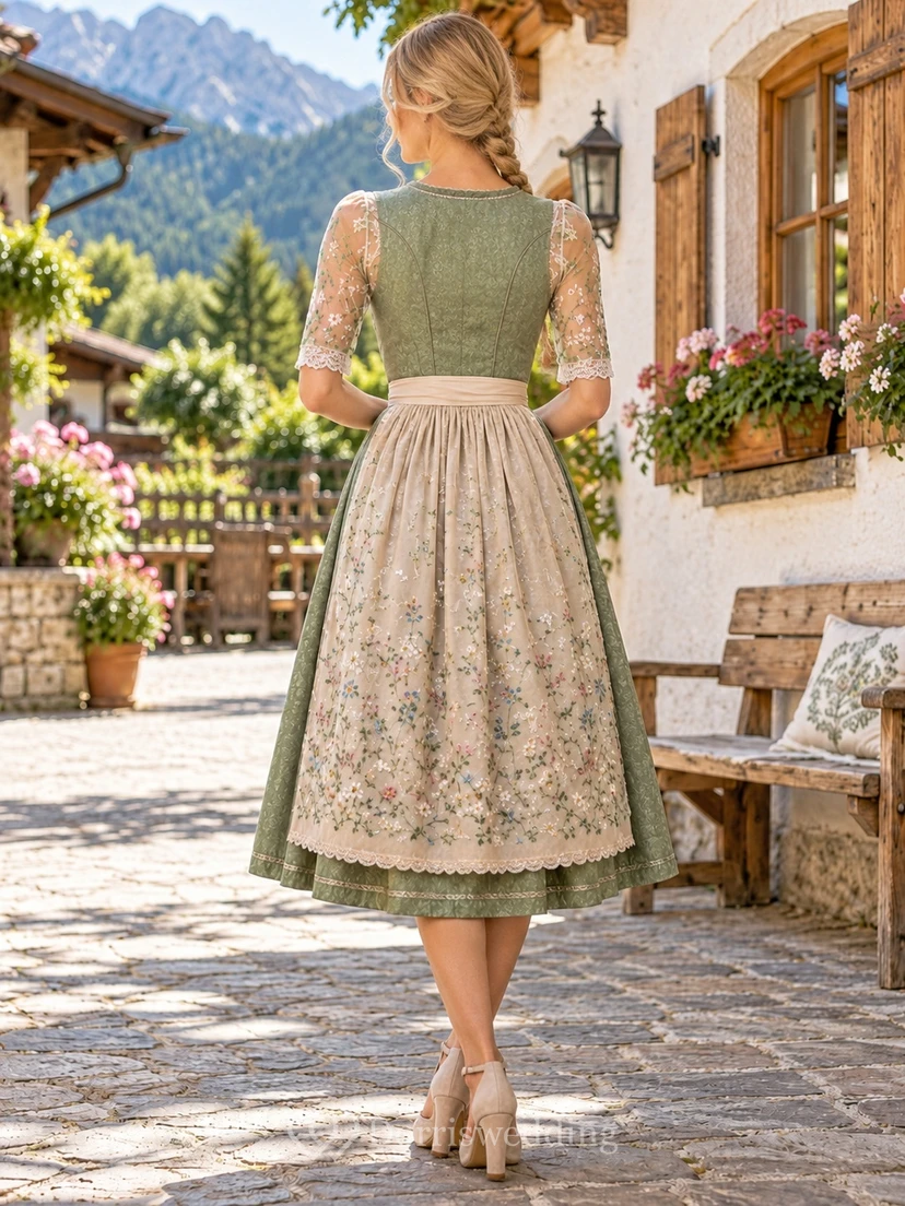 Vintage Sage Sweetheart Lace Sleeve Floral Apron Dirndl Dress view 2