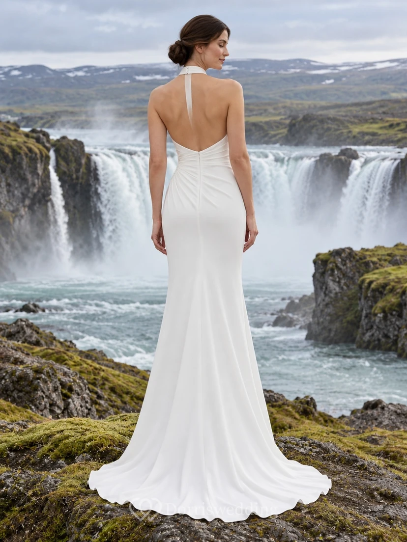 Simple Halter Neck Crepe Sheath Wedding Dress with Ruched Waist and Open Back view 2