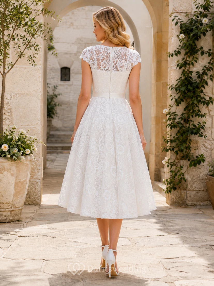 Vestido de novia civil vintage estilo barco con mangas cortas, encaje completo, corte en A, largo hasta la rodilla, para ceremonia en el juzgado. view 2