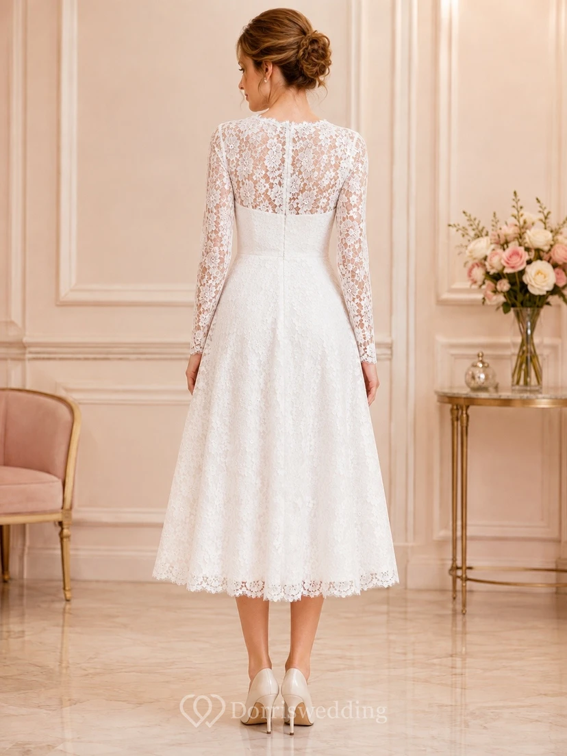 Romantic White Sweetheart Long Sleeve Lace A-Line Tea-length Formal Dress view 2