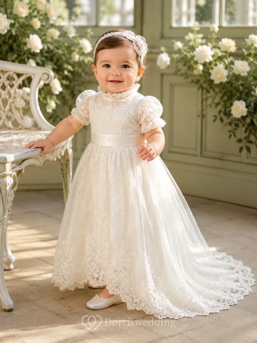 High Neck Baptism Gown A-Line Lace Tulle Short Sleeve Sweep Train