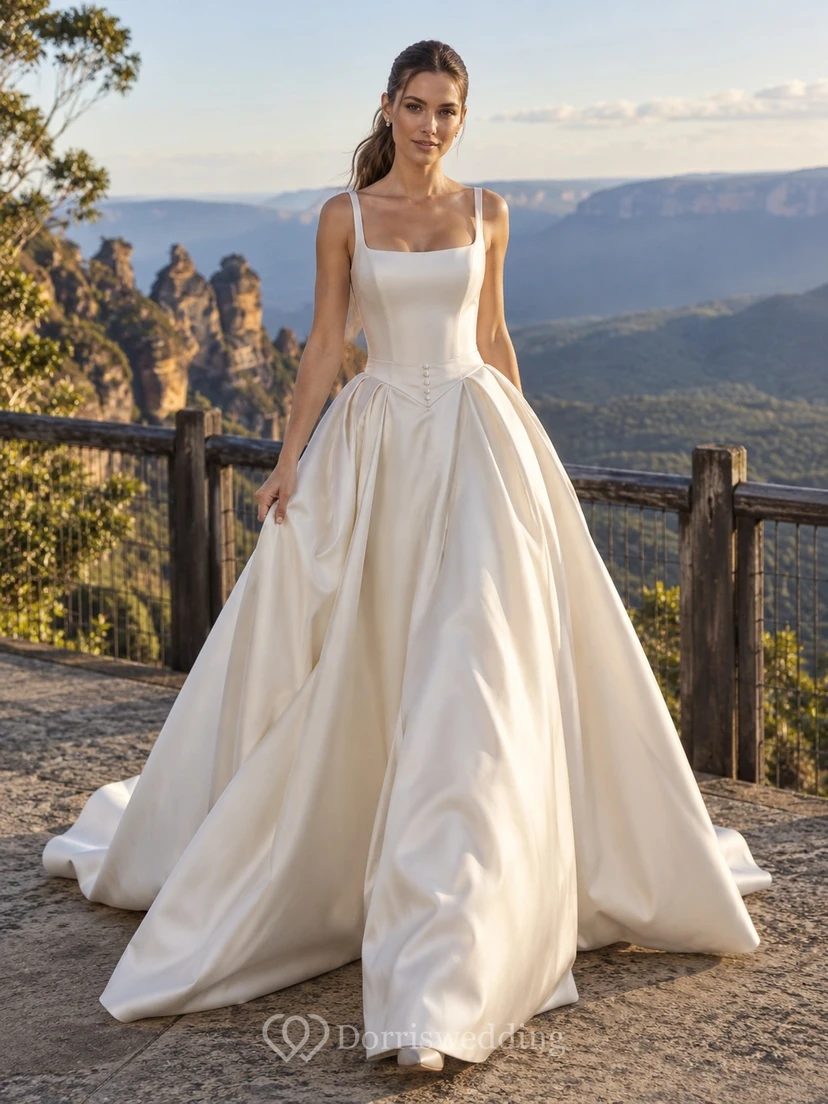 Einfaches Brautkleid mit quadratischem Ausschnitt und Satinbändern in A-Linie