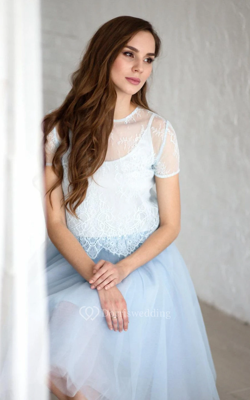 Jewel Neck Short Sleeve A-line Pleated Tulle Knee Length Dress Lace Top view 4