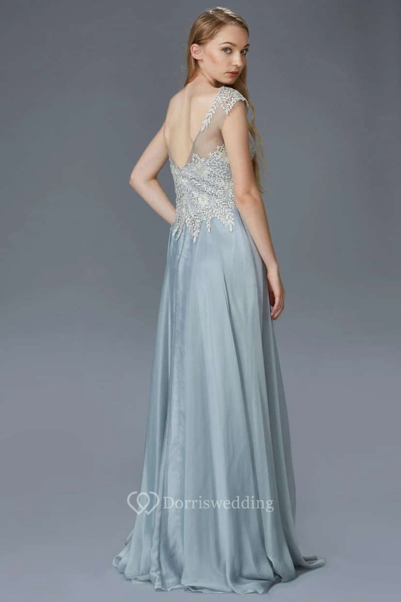 A-Line Bateau Short Sleeve Chiffon Low-V Back Dress With Appliques And Pleats view 2