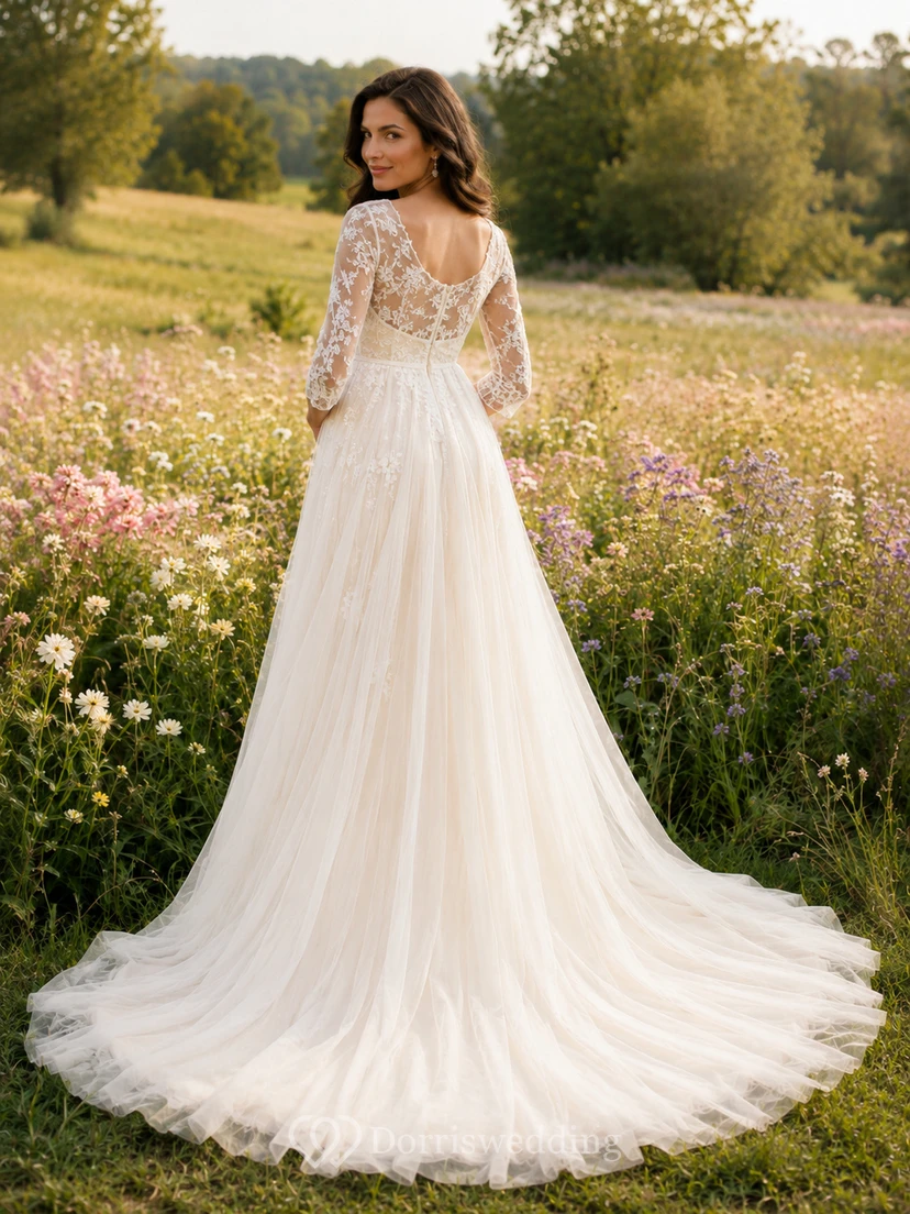 Maternity Wedding Dress Off-the-Shoulder Long Sleeve Lace Country Bridal Gown with Train view 2