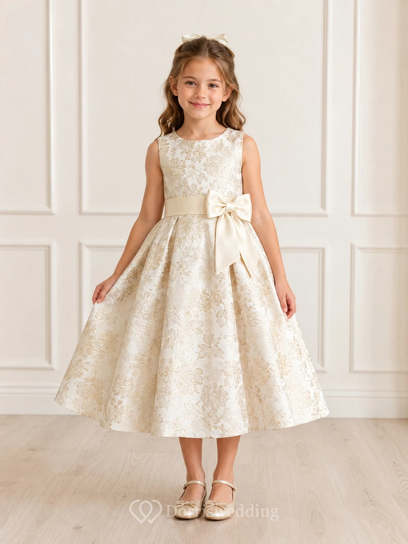 Robe de demoiselle d'honneur en brocart champagne à fleurs, col rond, sans manches, taille nouée, longueur thé, coupe trapèze, col rond, sans manches, taille haute
