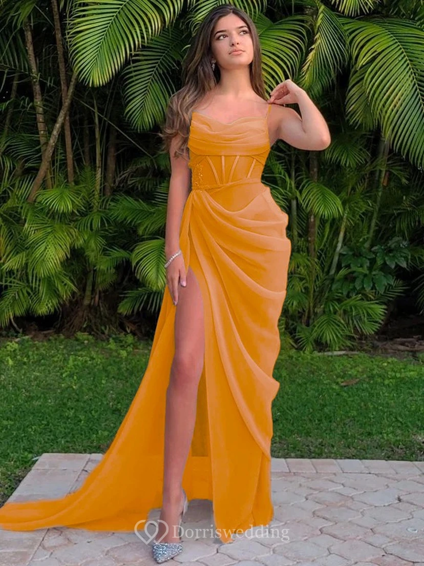 Spaghetti Ruched Sexy Front Split Sheath Side-ruched Prom Dress view 31