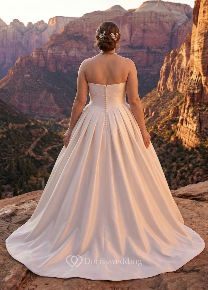 Plus Size Strapless Satin Ball Gown Wedding Dress with Pleated Skirt view 2