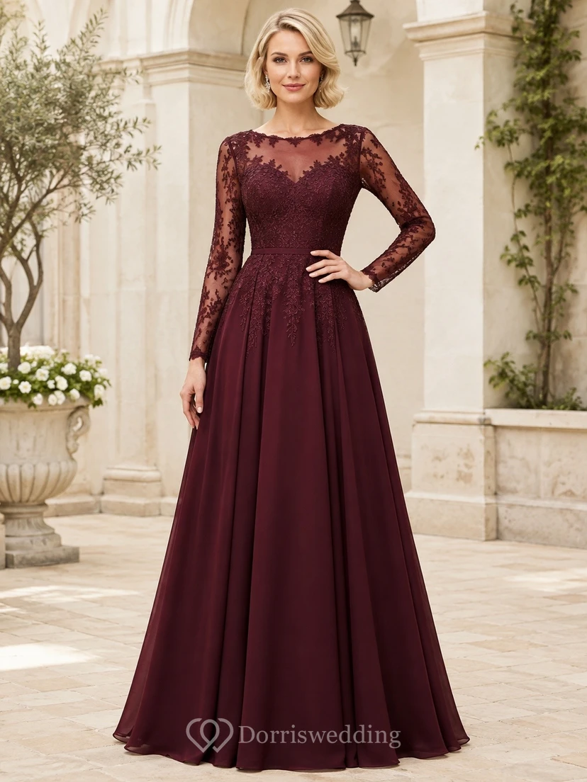 Burgundy Lace Long Sleeve Sweetheart A-Line Evening Gown Dress