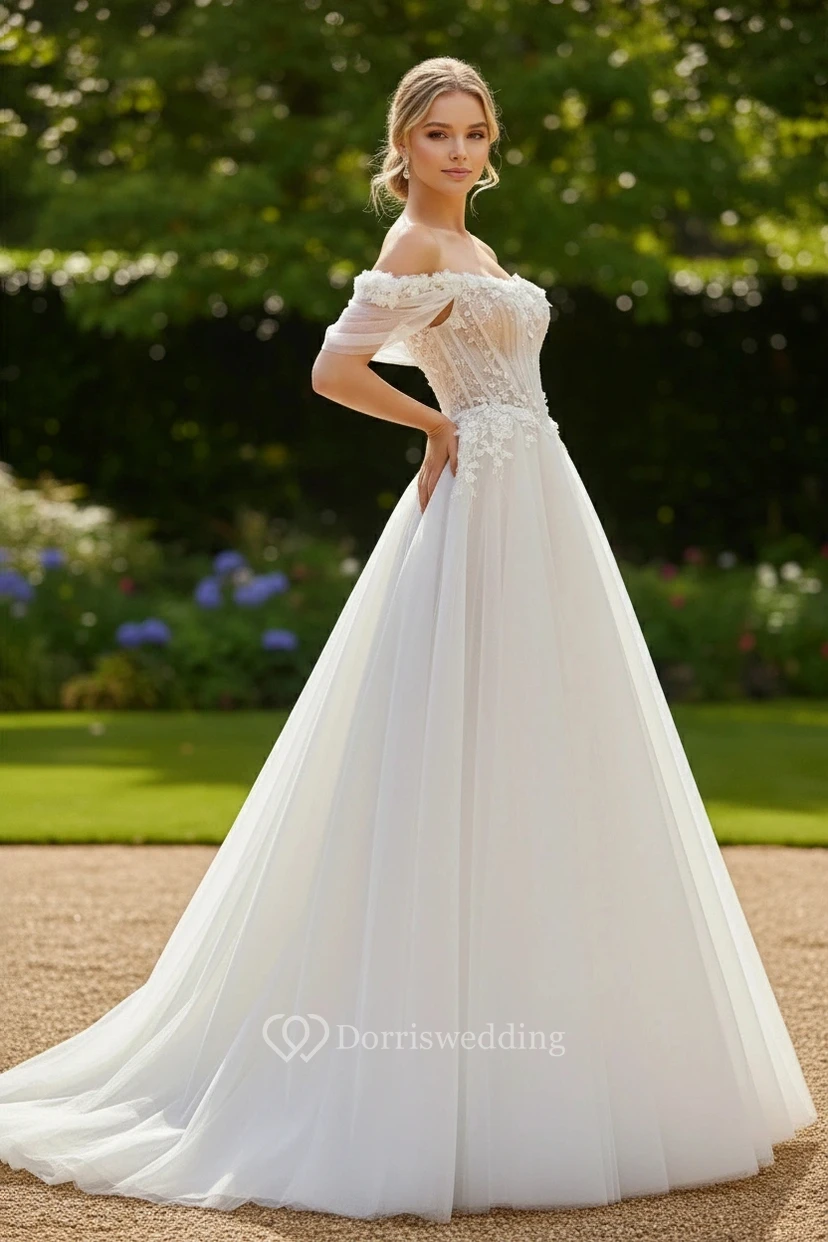 Off-the-Shoulder Lace A-line Ball Gown Wedding Dress