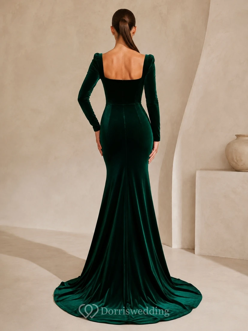 Vestido de sirena de terciopelo verde oscuro con cuello cuadrado y mangas largas view 2
