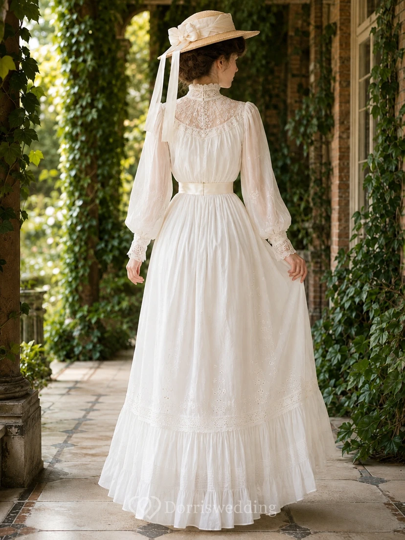 White High Neck Lace Poet Sleeve A-Line Floor-Length Vintage Garden Dress view 2