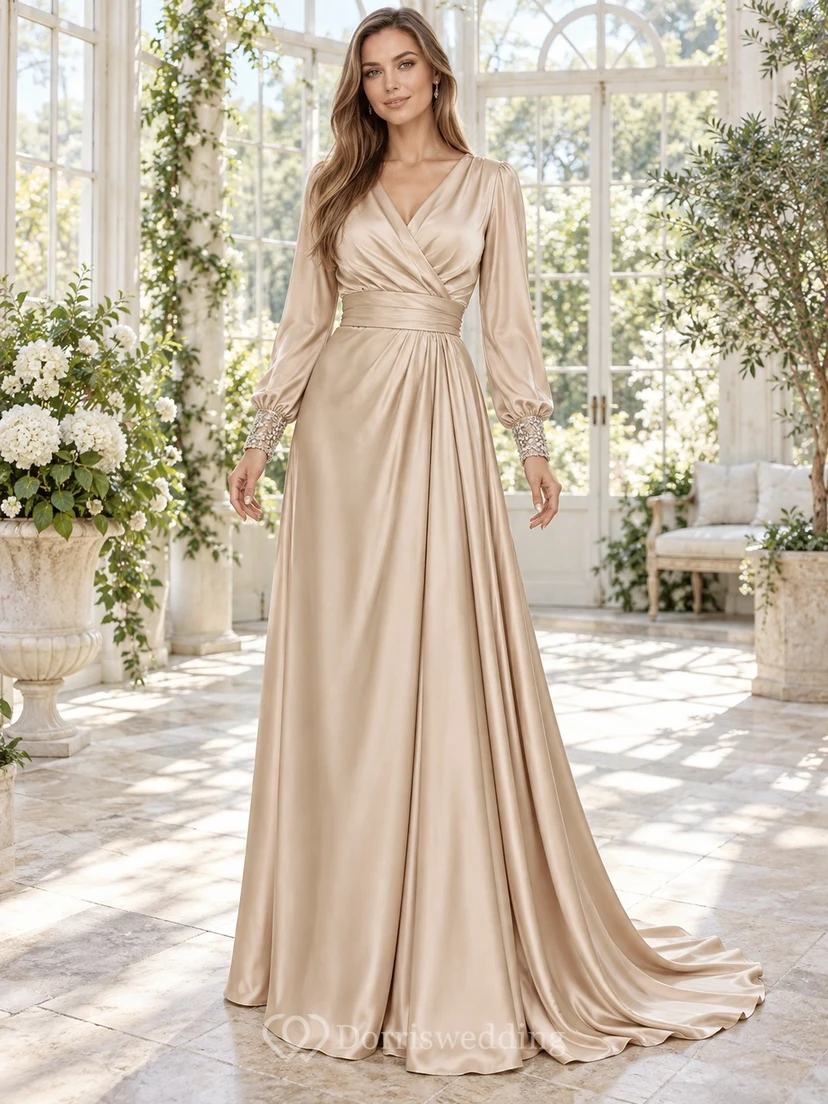 Vestido de noche formal largo hasta el suelo, de satén color champán, con escote en V, mangas obispo, puños adornados con cuentas y corte en A.