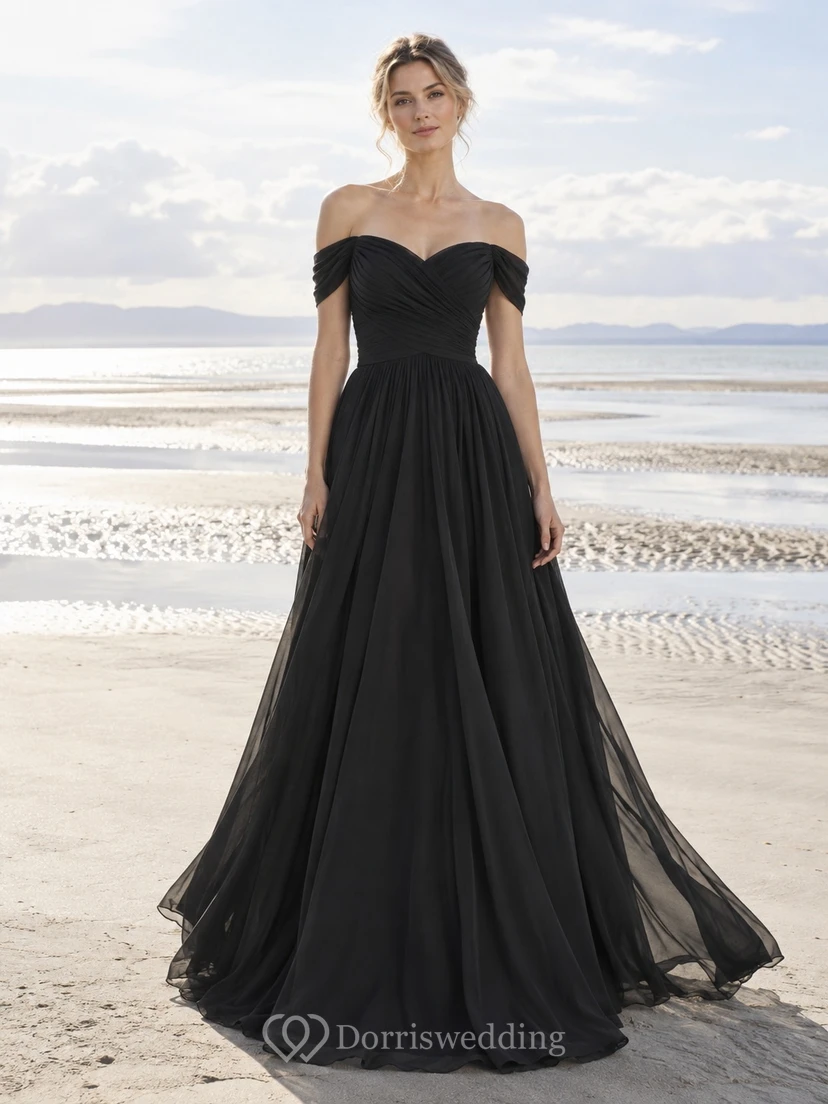 Schlichtes schwarzes schulterfreies A-Linien-Brautkleid mit Herzausschnitt