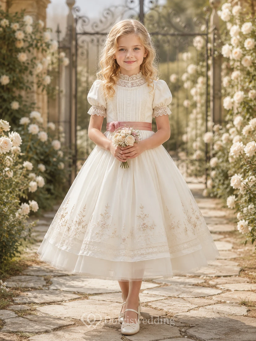 Vestido de niña de flores de corte A de inspiración victoriana con mangas abullonadas, corpiño de encaje floral, falda de tul festoneada, lazo en la cintura, estilo victoriano.