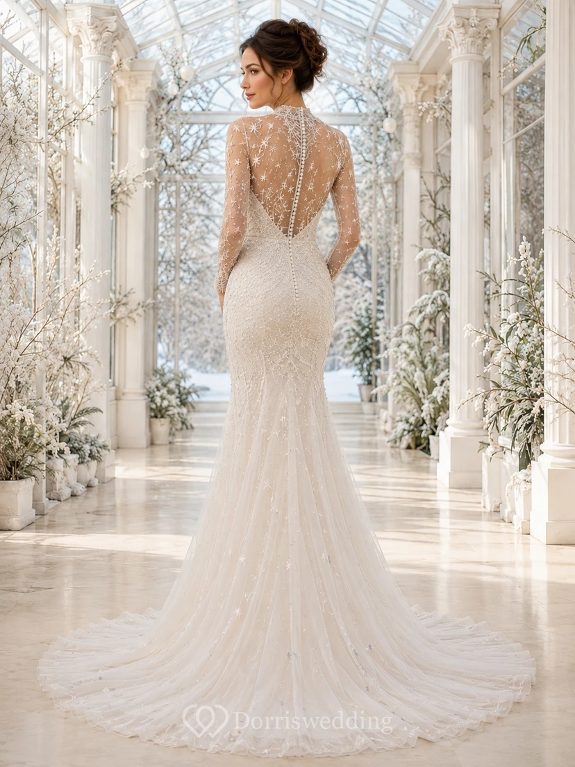 Himmlisches elfenbeinfarbenes, perlenbesetztes Spitzen-Meerjungfrauen-Abendkleid, ärmellos view 2