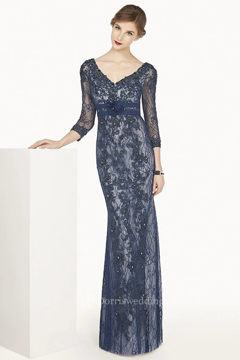 Sheath 3-4-Sleeve Floor-Length Appliqued V-Neck Lace Prom Dress With Beading And Flower