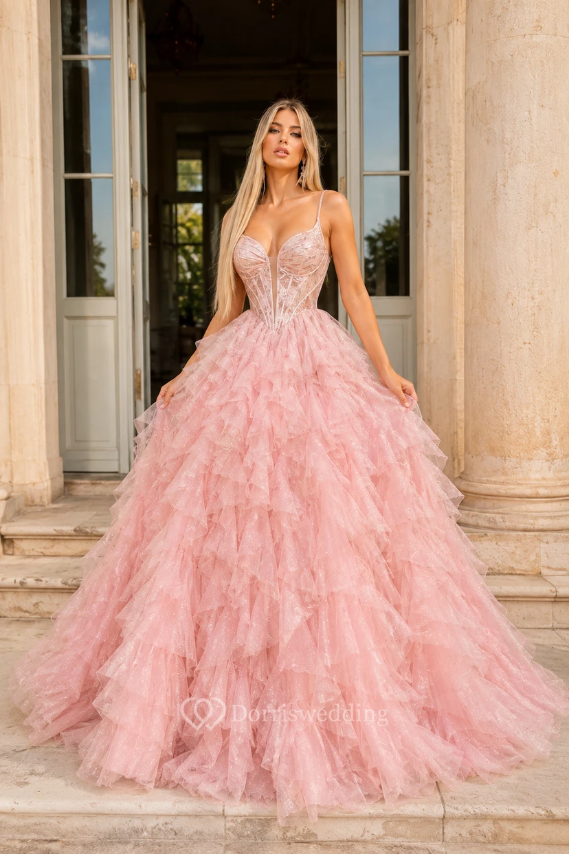 Blushing Pink Tulle Ball Gown with Beaded Bodice and Fluffy Layered Skirt