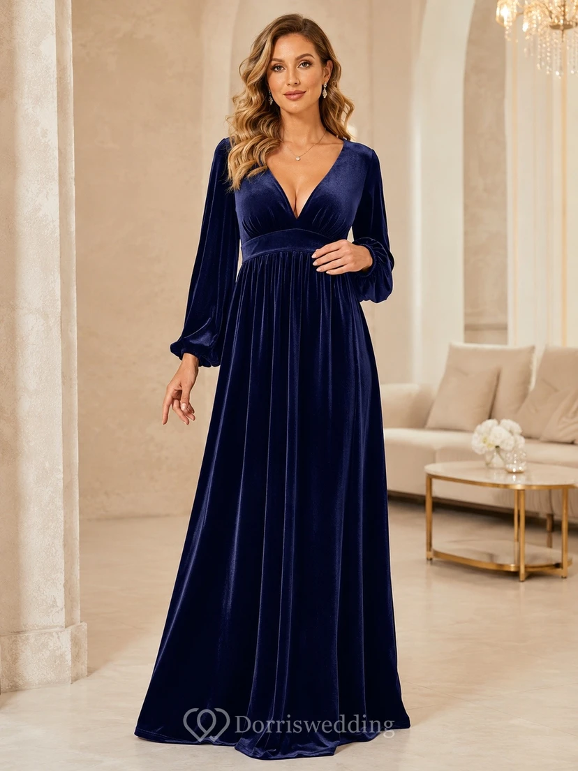 Vestido formal largo hasta el suelo de terciopelo azul marino con escote en V y manga larga estilo imperio