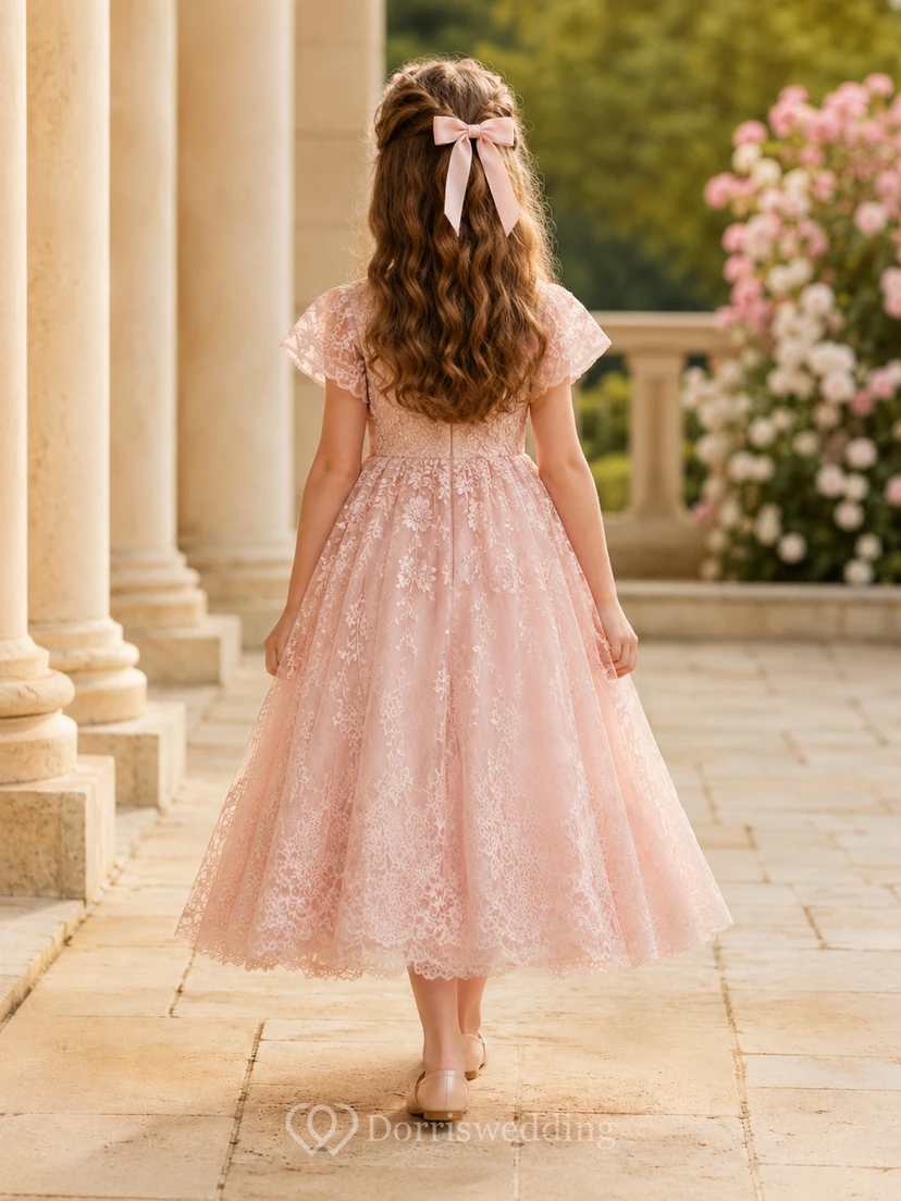 Flower Girl Dress Blush Lace Tulle A-Line Scoop Neck Tea Length view 2