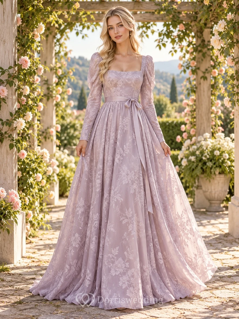 Renaissance Lavender Square Neck Long Sleeve Floral Lace Bridesmaid Dress