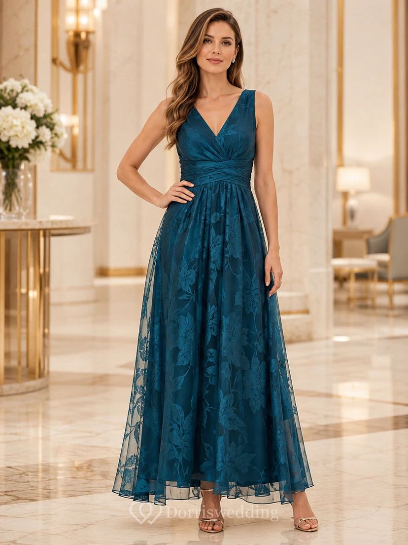 Robe trapèze en tulle et dentelle turquoise à col en V, longueur thé