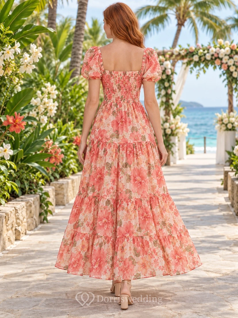 Vestido de playa de largo midi con escote en V, mangas abullonadas y corte en A, estampado floral coral. view 2