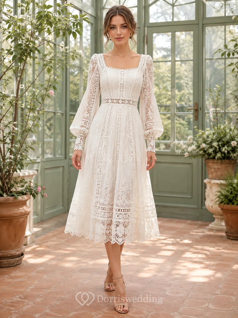 Greenhouse Lace Ivory A-Line Tea-Length Square Long-Sleeve Bohemian Guest Dress