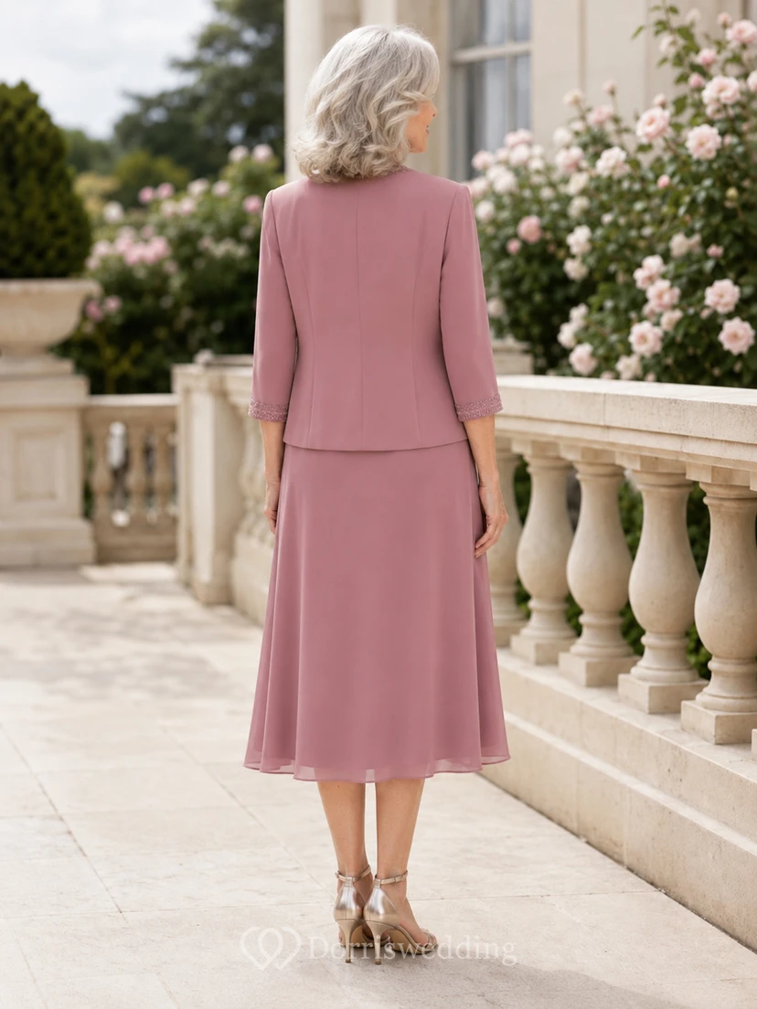 Elegantes, dreiviertellanges Chiffon-Kleid in Altrosa mit A-Linien-Ausschnitt und Teelänge – perfekt für die Großmutter der Braut view 2