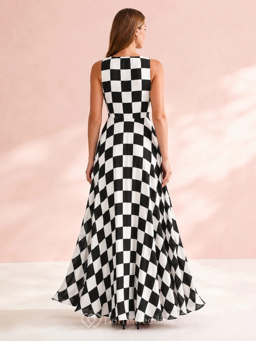 Checkerboard V-Neck Sleeveless A-Line Floor-Length Dramatic Formal Dress view 2