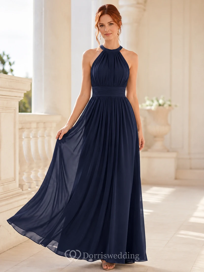 Dark Navy Formal Black Tie Wedding Guest Bridesmaid Evening Formal Dress A-Line Floor-Length Halter High Neck Sleeveless Chiffon Strappy Back