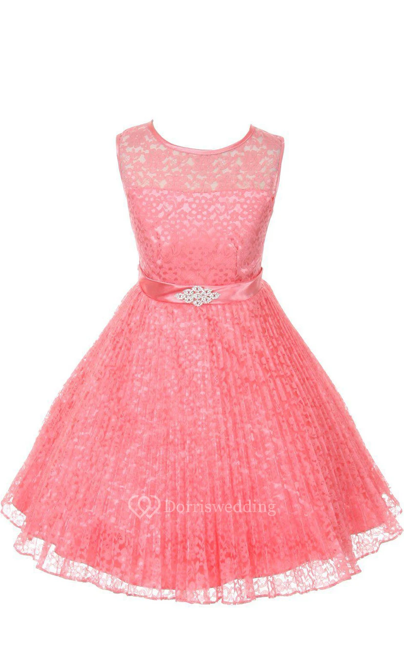 A-line Sleeveless Jewel Neck Lace Dress With Satin Belt view 4